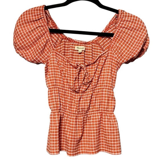 Madewell Omaha Plaid Square Neck Puffed Sleeve Peasant Style Blouse Size XXS - Picture 4 of 12